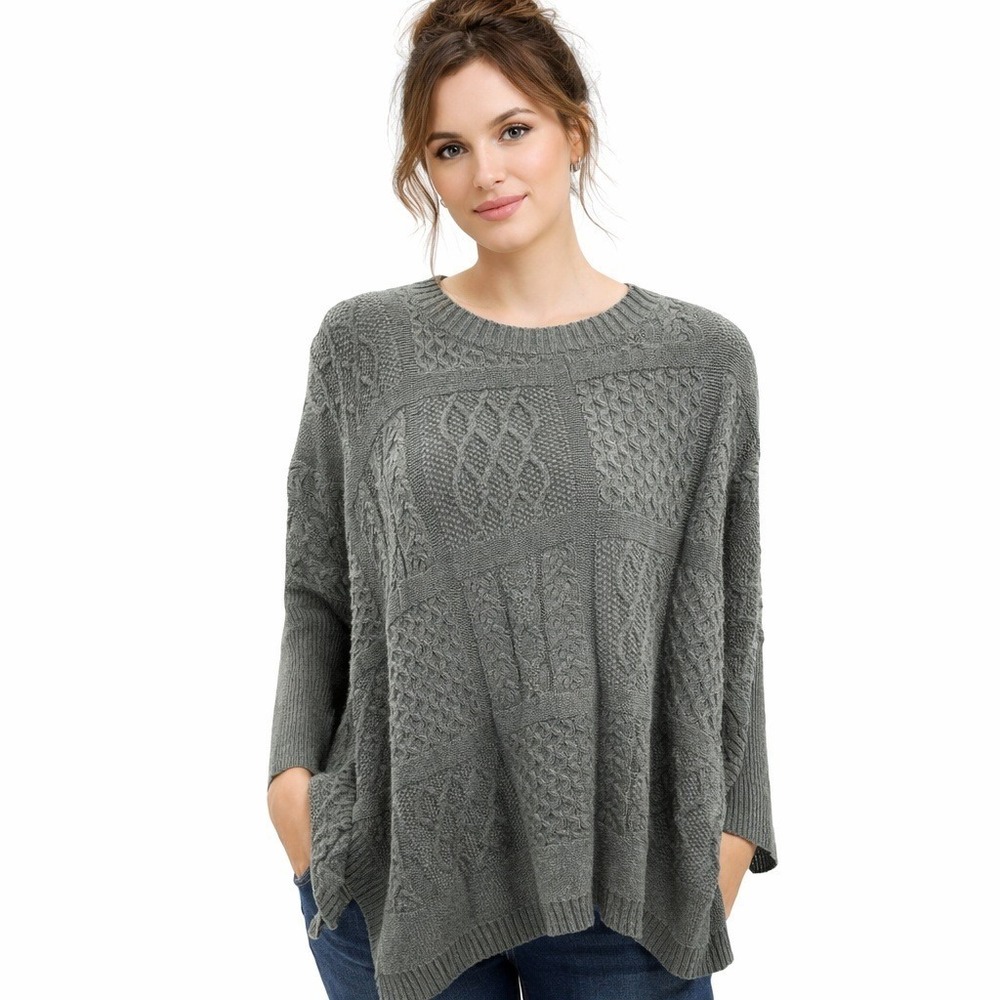 CAbi‎ Cable Knit Sweater Size Medium Gray Asymmetrical Hem Cotton Blend